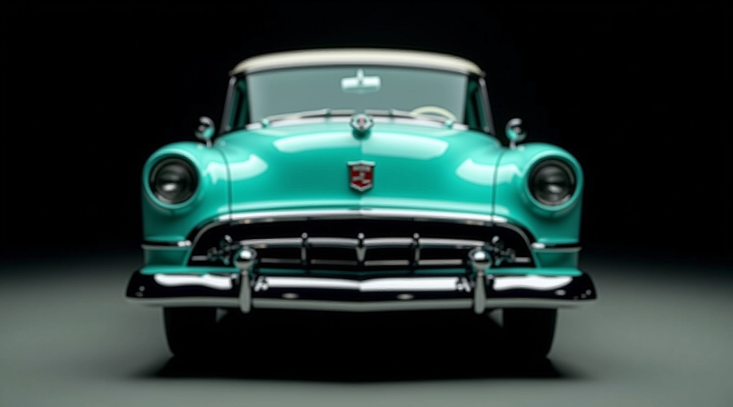 Vintage 1950s American car with distinctive chrome fins and bright turquoise paint in studio setting