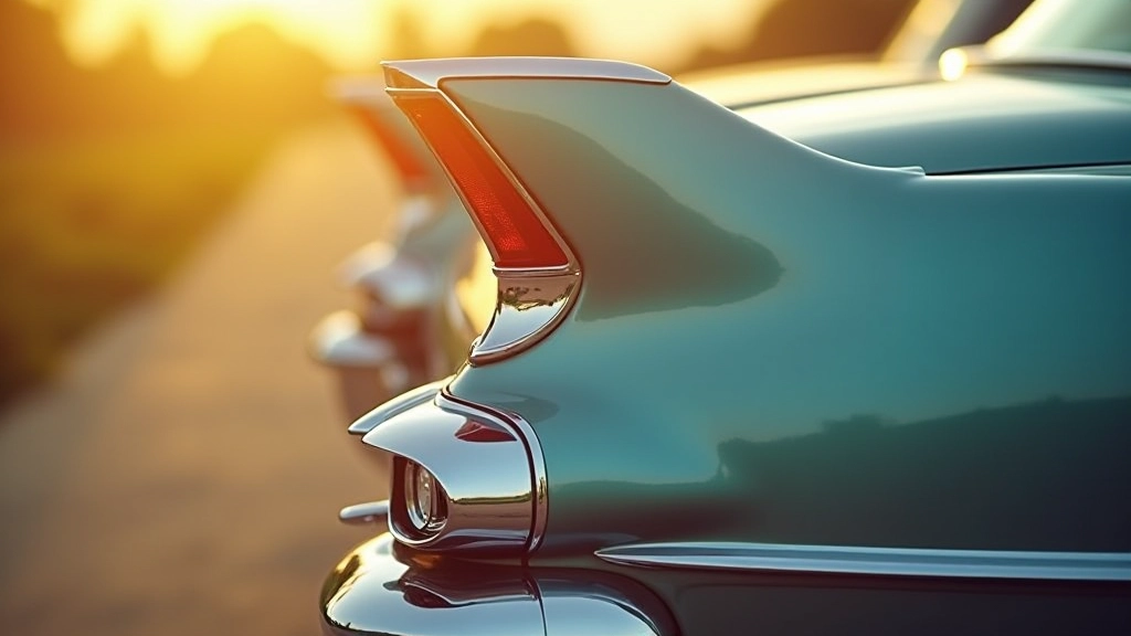 Close-up detail of 1950s car tail fin with chrome trim against blurred background, showing aerodynamic shape and metallic shine