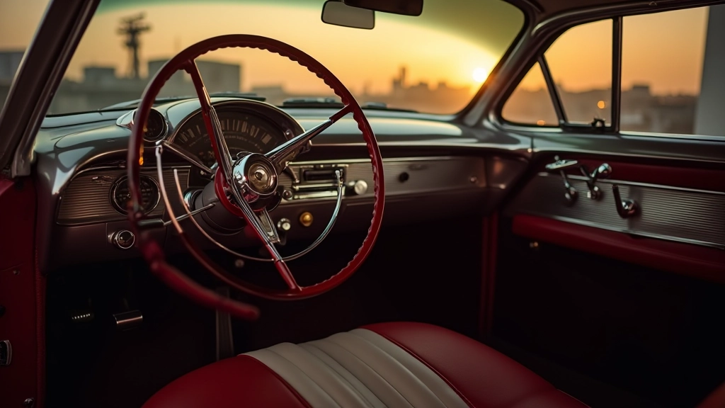Vintage 1950s car dashboard showing extensive chrome trim, steering wheel, and gauges with warm studio lighting highlighting reflections