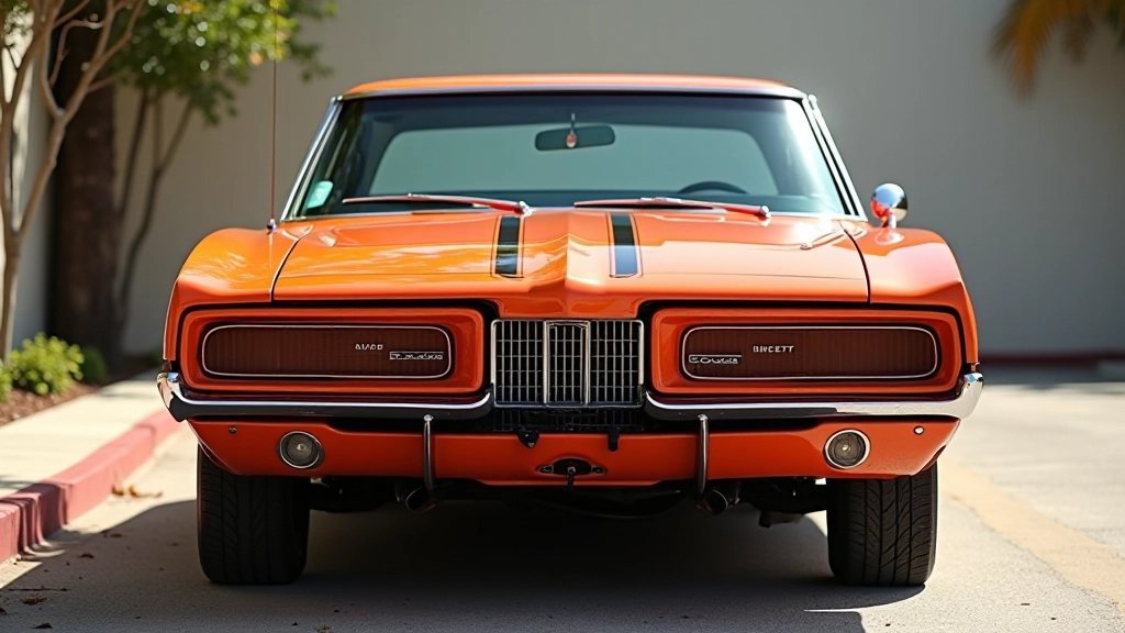 Vibrant 1960s muscle car in bright orange or red with racing stripes and bold color treatment