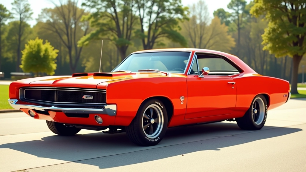 Classic 1960s muscle car with aggressive hood scoop and wide body stance photographed from the side