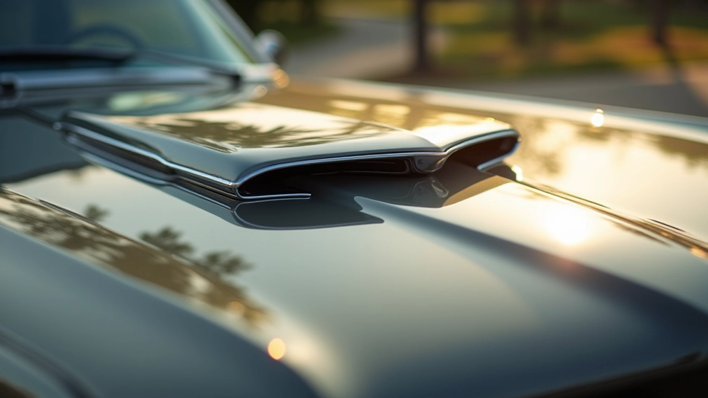 Close-up detail of aggressive hood scoop on 1960s muscle car showing functional air intake design and muscular body lines