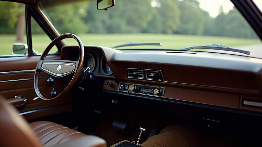 1970s car dashboard with straightforward controls and minimal decoration, showing practical ergonomic layout