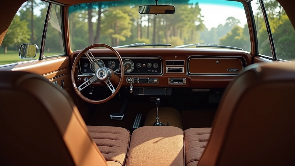 1970s car interior showing simple textile seats, straightforward dashboard design, and no-frills appointments