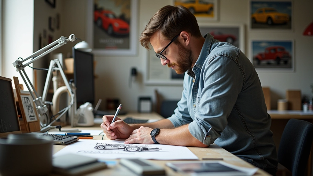 Designer's workspace showing automotive design process with sketches and clay models