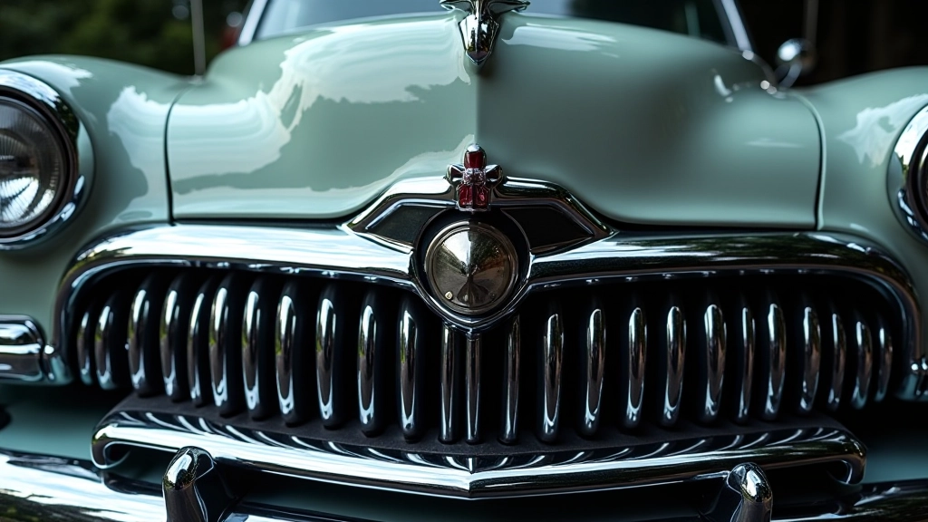 Vintage 1950s car front grille showing intricate chrome detail work and design elements with lighting highlighting texture