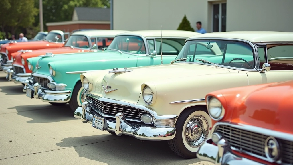 Row of vintage 1950s cars parked showing variety of pastel color combinations and two-tone paint schemes in daylight