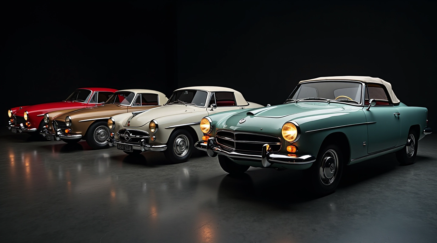 Vintage automotive design showcase featuring multiple classic North American cars from different decades arranged in a studio setting