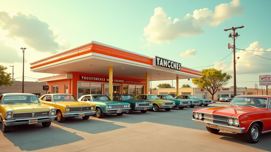 Vintage 1970s fuel pump station with period signage and cars in line, reflecting the oil crisis era